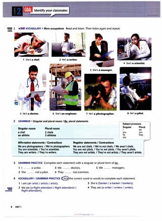 '= 1 � • VOCABULARY • More occupations Read and listen. Then listen again and repeat.
CARDS
1 She's a chef. 2 He's a writer.
3 She's a manager.
5 He's a doctor. 6 She's an engineer. 7 He's a photographer.
2 GRAMMAR • Singular and plural nouns I Be: plural statements
Singular nouns
a chef
an athlete
Plural nouns
2 chefs
3 athletes
Affirmative statements I Contractions Negative statements I Contractions
4 She's a scientist.
8 He's a pilot.
Subject pronouns
Singular Plural
I we
you you
he they
she
We are photographers./ We're photographers.
You are scientists. I You're scientists.
We are not chefs./ We're not chefs./ We aren't chefs.
They are writers. I They're writers.
You are not pilots./ You're not pilots./ You aren't pilots.
They are not artists./ They're not artists./ They aren't artists.
3 GRAMMAR PRACTICE Complete each statement with a singular or plural form of be.
1 I ......... a writer. 3 We ......... doctors. 5 We ......... managers.
2 She ......... not a pilot. 4 They ......... not scientists.
4 VOCABULARY I GRAMMAR PRACTICE @the correct word or words to complete each statement.
1 I am (an artist I artists I artist). 3 She is (banker I a banker I bankers).
mmm 2 We are (a flight attendant I flight attendants I 4 They are (a writer I writers I writer).
� flight attendant).
6 UNIT 1
www.irLanguage.com
 