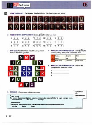 =1 VOCABULARY • The alphabet Read and listen. Then listen again and repeat.
2 ... LISTENING COMPREHENSION Listen.@he letter you hear.
I A I K I 41 u I O I 71 F I X 10 I I GI n I o I G I
2 I B I E s! B I z I sl X s n I L IN I 14 I HI K I
31MINI 61 T C 91 z V 12 I KI I I 15 I pI E
3 PAIR WORK Read 10 letters aloud to your partner. 4 ... • LISTENING COMPREHENSION listen.@he
correct spelling. Then spell each name aloud.
Point to the letters you hear.
mmm
J C
F Q
H B
V U
m11
mo
--�--
1 y
p D
R K
L G
A DEi
6 GRAMMAR • Proper nouns and common nouns
Green Greene Grin
Leigh Lee Li
Katharine Katherine Catharine
5 .,. • LISTENING COMPREHENSION listen to the
conversations. Write the names.
1 .....................................
2 .....................................
3 .....................................
Capital letters
ABC
Proper nouns Lowercase letters
abc
The names of people and places are proper nouns. Use a capital letter to begin a proper noun. �----.---=-1
Melanie Pepper New Delhi Nicaragua
Common nouns
Other nouns are common nouns. Use a lowercase letter to be1in a common noun.
morning doctor �udent
8 UNIT 1
 