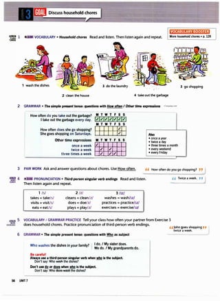 Discuss household chores
VOCABULARY BOOSTER
·tr:� 1 � VOCABULARY• Household chores Read and listen. Thenlistenagain and repeat. More household chores • p. 128
CARDS
1 wash the dishes 3 do the laundry
2 clean the house 4 take out the garbage
2 GRAMMAR• The simple present tense: questions with How often I Other time expressions i,Languagecom
How often do you take out the garbage?
I take out the garbage every day.
How often does she go shopping?
She goes shopping on Saturdays.
Other time expressions
once a week
twice a week
three times a week
M T W T F S S
1.11.11.1k1.11.11.11
M T W T F S S
111111�1I
M T W T F S S
llllJIII
Also
• once a year
• twice a day
• three times a month
• every weekend
• every Friday
5 go shopping
3 PAIR WORK Ask and answer questions about chores. Use How often. ,, How often do you go shopping? "
i: 4
COACH
t • PRONUNCIATION• Third-person singular verb endings Read and listen.
Then listen again and repeat.
1 /s/
takes= take/s/
visits= visit/sf
eats= eat/s/
2 /z/
cleans= clean/z/
does= doe/z/
plays= play/z/
3 /IZ/
washes= wash/u/
practices= practice/lz/
exercises= exercise/u/
�' Twice a week. ,,J
lilli!il.ll 5 VOCABULARY I GRAMMAR PRACTICE Tell your class how often your partner from Exercise 3
ex�� does household chores. Practice pronunciation of third-person verb endings.
6 GRAMMAR• The simple present tense: questions with Who as subject
Who washes the dishes in your family? ! I do. I My sister does.
! We do. I My grandparents do.
Be careful!
Always use a third-person singular verb when who is the subject.
Don't say: Who wash the dishes?
Don't use do or does when who is the subject.
Don't say: Who Elees wash the dishes?
56 UNIT 7
,,John goes shopping,,
twice a week.
 