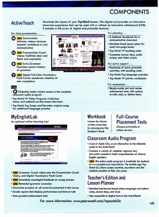 COMPONENTS
ActiveTeach Maximize the impact of your Top Notch lessons. This digital tool provides an interactive
classroom experience that can be used with or without an interactive whiteboard (IWB).
It includes a full array of digital and printable features.
·-­
...__
For class presentation •••
e NEW Conversation
Activator videos: increase
students' confidence in oral
communication
e NEW Pronunciation Coach
videos: facilitate clear and
fluent oral expression
-. IR
'ytdJ� ·-.
0 NEW Extra Grammar
Exercises: ensure mastery
of grammar
G NIW Digital Full-Color Vocabulary
Flash Cards: accelerate retention of
new vocabulary
-
•QClickable Audio: instant access to the complete
classroom audio program
• Top Notch TV Video Program: a hilarious
sitcom and authentic on-the-street interviews
• Top Notch Pop Songs and Karaoke: original songs
for additional language practice
MyEnglishlab
An optional onllne learning tool
...."S lftlllf'IIC-.""' .. pv.... ...,..,
..,..............................................-,.rt.1....
...........................................
,.,............,..._..,.....,....,.,......,,..,...,.,nw
...................................."°"....,...,.,,..
.....,....-................
,...........................Gi*Wl...,.,c.n
.........,......,,..............
.........,,.,.............
------
I (,,111f""' • �• •
.,..,.,
, .. . • PtARION
• NIW Grammar Coach videos plus the Pronunciation Coach
videos, and Digital Vocabulary Flash Cords
• NIW Immediate meaningful feedback on wrong answers
• NIW Remedial grammar exercises
Q ;::::· - ::.:: - -� _,
__
91·-��-=:=-=�
8 ·:::- --=-- -.,. -.:o..
:� f- . :; ::;-
Workbook
For planning...
• A Methods Handbook for a
communicative classroom
• Detailed timed lesson plans for
each two-page lesson
• Top Notch TV teaching notes
• Complete ans
w er keys, audio
scripts, and video scripts
For extra support •..
• Hundreds of extra printable
activities, with teaching notes
• Top Notch Pop language exercises
• Top Notch TV activity worksheets
For assessment •..
• Ready-made unit and review
achievement tests with options
to edit, odd, or delete items.
Lesson-by-lesson
written exercises
to accompany the
Student's Book
Full-Course
Placement Tests
Choose printable or
online version
Classroom Audio Program
• A set of Audio CDs, as an alternative to the clickable
audio in the ActiveTeach
• Contains a variety of authentic regional and
non-native accents to build comprehension of diverse
English speakers
• NEW The entire audio program is available for students
atwww.english
.com/topnotch3e. The mobile opp Top
Notch Go allows access anytime, anywhere and lets
students practice at their own pace.
Teacher's Edition and
Lesson Planner
• Interactive practice of all material presented in the course • Detailed interleaved lesson plans, language and culture
• Grade reports that display performance and time on task notes, answer keys, and more
• Auto-graded achievement tests • Also accessible in digital form in the ActiveTeach
For more information: www.pearsonelt.com/fopnofch3e
viii
 