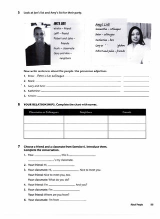 5 Look at Joe's list and Amy's list for their party.
JIE'S UST
·laistin - friena
Jeff - friena
Robert ana Julie -
frienas
Mark - classmate
Gary ana Ann -
neighbors
Am,v1LJfr
S�-��
Pekr-��
�-/nm
4M}' aA
1
•
.. - �11,bm
R.(}/)mMUiJtdit -/rifflM
Now write sentences about the people. Use possessive adjectives.
1. Peter: Peter if'1er collea9ve
2. Mark: ________________________�
3. Gary and Ann:----------------------
4. Katherine:-----------------------
5. Kristin:--------------------------------
6 YOUR RELATIONSHIPS. Complete the chart with names.
Classmates or Colleagues Neighbors Friends
7 Choose a friend and a classmate from Exercise 6. Introduce them.
Complete the conversation.
1. You: ,this is ________
________'s my classmate.
2. Your friend: Hi, ________
3. Your classmate: Hi, --------· Nice to meet you.
Your friend: Nice to meet you,too.
Your classmate: What do you do?
4. Your friend: I'm--------· And you?
5. Your classmate: I'm ________
Your friend: Where are you from?
6. Your classmate: I'm from ________
About People 89
 