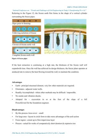 ISBN: 978-81-929339-0-0
National Conference on: “Trends and Challenges of Civil Engineering in Today’s Transforming W o r l d ”
29th March, 2014, Civil Engineering Department S.N.P.I.T. & R.C., Umrakh
Referring to the Figure 12, the frozen earth first forms in the shape of a vertical cylinder
surrounding the freeze pipes.
Figure 4:Freeze pipes
If the heat extraction is continuing at a high rate, the thickness of the frozen wall will
expandwith time. Once the wall has achieved its design thickness, the freeze plant operates at
areduced rate to remove the heat flowing toward the wall, to maintain the condition.
Advantages
• Earth - principal structural element, very few other materials are required.
• Eliminates - adjacent water wells.
• Readily Accomplished - where other methods may be difficult / impossible.
• No smoke and vibration shocks.
• Adopted for - excavation in or at the foot of the slope of a hill
Powerful tool for the foundation engineer.
Disadvantages
• By this process Area cover – small
• For large area - layout in circle form to take more advantages of the arch action
• Froze region - extent up to firm impervious layer
• Process - suited for works of comparatively short duration & expensive too
 