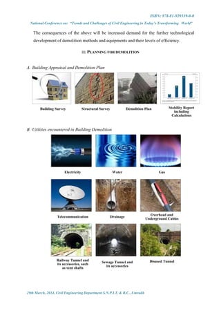ISBN: 978-81-929339-0-0
National Conference on: “Trends and Challenges of Civil Engineering in Today’s Transforming World”
29th March, 2014, Civil Engineering Department S.N.P.I.T. & R.C., Umrakh
The consequences of the above will be increased demand for the further technological
development of demolition methods and equipments and their levels of efficiency.
III. PLANNING FOR DEMOLITION
A. Building Appraisal and Demolition Plan
B. Utilities encountered in Building Demolition
Building Survey Structural Survey Demolition Plan Stability Report
including
Calculations
Electricity Water Gas
Telecommunication Drainage
Overhead and
Underground Cables
Railway Tunnel and
its accessories, such
as vent shafts
Sewage Tunnel and
its accessories
Disused Tunnel
 