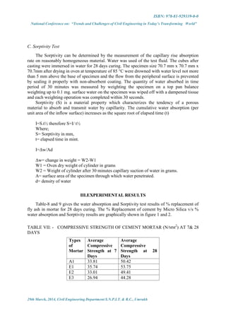 ISBN: 978-81-929339-0-0
National Conference on: “Trends and Challenges of Civil Engineering in Today’s Transforming World”
29th March, 2014, Civil Engineering Department S.N.P.I.T. & R.C., Umrakh
C. Sorptivity Test
The Sorptivity can be determined by the measurement of the capillary rise absorption
rate on reasonably homogeneous material. Water was used of the test fluid. The cubes after
casting were immersed in water for 28 days curing. The specimen size 70.7 mm x 70.7 mm x
70.7mm after drying in oven at temperature of 85 °C were drowned with water level not more
than 5 mm above the base of specimen and the flow from the peripheral surface is prevented
by sealing it properly with non-absorbent coating. The quantity of water absorbed in time
period of 30 minutes was measured by weighting the specimen on a top pan balance
weighting up to 0.1 mg. surface water on the specimen was wiped off with a dampened tissue
and each weighting operation was completed within 30 seconds.
Sorptivity (S) is a material property which characterizes the tendency of a porous
material to absorb and transmit water by capillarity. The cumulative water absorption (per
unit area of the inflow surface) increases as the square root of elapsed time (t)
I=S.t½ therefore S=I/ t½
Where;
S= Sorptivity in mm,
t= elapsed time in mint.
I=Δw/Ad
Δw= change in weight = W2-W1
W1 = Oven dry weight of cylinder in grams
W2 = Weight of cylinder after 30 minutes capillary suction of water in grams.
A= surface area of the specimen through which water penetrated.
d= density of water
III.EXPERIMENTAL RESULTS
Table-8 and 9 gives the water absorption and Sorptivity test results of % replacement of
fly ash in mortar for 28 days curing. The % Replacement of cement by Micro Silica v/s %
water absorption and Sorptivity results are graphically shown in figure 1 and 2.
TABLE VII: - COMPRESSIVE STRENGTH OF CEMENT MORTAR (N/MM
2
) AT 7& 28
DAYS
Types
of
Mortar
Average
Compressive
Strength at 7
Days
Average
Compressive
Strength at 28
Days
A1 33.81 50.42
E1 35.74 53.75
E2 33.01 49.41
E3 26.94 44.28
 