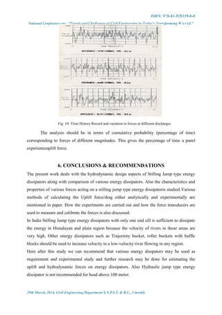 ISBN: 978-81-929339-0-0
National Conference on: “Trends and Challenges of Civil Engineering in Today’s Transforming W o r l d ”
29th March, 2014, Civil Engineering Department S.N.P.I.T. & R.C., Umrakh
Fig. 10: Time History Record and variation in forces at different discharges
The analysis should be in terms of cumulative probability (percentage of time)
corresponding to forces of different magnitudes. This gives the percentage of time a panel
experienceuplift force.
6. CONCLUSIONS & RECOMMENDATIONS
The present work deals with the hydrodynamic design aspects of Stilling Jump type energy
dissipators along with comparison of various energy dissipators. Also the characteristics and
properties of various forces acting on a stilling jump type energy dissipatoris studied.Various
methods of calculating the Uplift force/drag either analytically and experimentally are
mentioned in paper. How the experiments are carried out and how the force transducers are
used to measure and calibrate the forces is also discussed.
In India Stilling Jump type energy dissipators with only one end sill is sufficient to dissipate
the energy in Himalayan and plain region because the velocity of rivers in those areas are
very high. Other energy dissipators such as Trajectory bucket, roller buckets with baffle
blocks should be used to increase velocity in a low-velocity river flowing in any region.
Here after this study we can recommend that various energy disspators may be used as
requirement and experimental study and further research may be done for estimating the
uplift and hydrodynamic forces on energy dissipators. Also Hydraulic jump type energy
dissipator is not recommended for head above 100 meter.
 