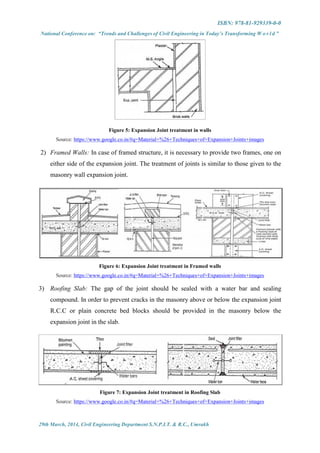 ISBN: 978-81-929339-0-0
National Conference on: “Trends and Challenges of Civil Engineering in Today’s Transforming W o r l d ”
29th March, 2014, Civil Engineering Department S.N.P.I.T. & R.C., Umrakh
Figure 5: Expansion Joint treatment in walls
Source: https://www.google.co.in/#q=Material+%26+Techniques+of+Expansion+Joints+images
2) Framed Walls: In case of framed structure, it is necessary to provide two frames, one on
either side of the expansion joint. The treatment of joints is similar to those given to the
masonry wall expansion joint.
Figure 6: Expansion Joint treatment in Framed walls
Source: https://www.google.co.in/#q=Material+%26+Techniques+of+Expansion+Joints+images
3) Roofing Slab: The gap of the joint should be sealed with a water bar and sealing
compound. In order to prevent cracks in the masonry above or below the expansion joint
R.C.C or plain concrete bed blocks should be provided in the masonry below the
expansion joint in the slab.
Figure 7: Expansion Joint treatment in Roofing Slab
Source: https://www.google.co.in/#q=Material+%26+Techniques+of+Expansion+Joints+images
 
