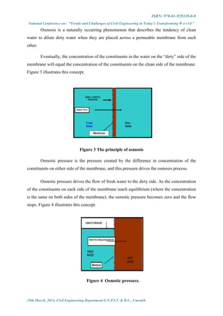 ISBN: 978-81-929339-0-0
National Conference on: “Trends and Challenges of Civil Engineering in Today’s Transforming W o r l d ”
29th March, 2014, Civil Engineering Department S.N.P.I.T. & R.C., Umrakh
Osmosis is a naturally occurring phenomenon that describes the tendency of clean
water to dilute dirty water when they are placed across a permeable membrane from each
other.
Eventually, the concentration of the constituents in the water on the “dirty” side of the
membrane will equal the concentration of the constituents on the clean side of the membrane.
Figure 3 illustrates this concept.
Figure 3 The principle of osmosis
Osmotic pressure is the pressure created by the difference in concentration of the
constituents on either side of the membrane, and this pressure drives the osmosis process.
Osmotic pressure drives the flow of fresh water to the dirty side. As the concentration
of the constituents on each side of the membrane reach equilibrium (where the concentration
is the same on both sides of the membrane), the osmotic pressure becomes zero and the flow
stops. Figure 4 illustrates this concept.
Figure 4 Osmotic pressure.
 
