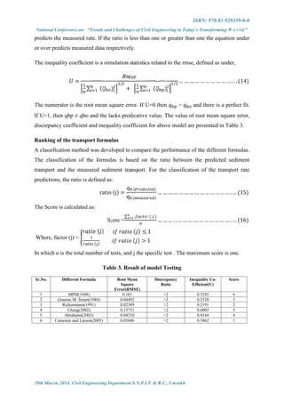 ISBN: 978-81-929339-0-0
National Conference on: “Trends and Challenges of Civil Engineering in Today’s Transforming W o r l d ”
29th March, 2014, Civil Engineering Department S.N.P.I.T. & R.C., Umrakh
predicts the measured rate. If the ratio is less than one or greater than one the equation under
or over predicts measured data respectively.
The inequality coefficient is a simulation statistics related to the rmse, defined as under,
=
∑ ( )
/
+ ∑ ( )
/
… … … … … … … … … … . . . (14)
The numerator is the root mean square error. If U=0 then = and there is a perfect fit.
If U=1, then qbp ≠ qbo and the lacks predicative value. The value of root mean square error,
discrepancy coefficient and inequality coefficient for above model are presented in Table 3.
Ranking of the transport formulas
A classification method was developed to compare the performance of the different formulas.
The classification of the formulas is based on the ratio between the predicted sediment
transport and the measured sediment transport. For the classification of the transport rate
predictions, the ratio is defined as:
ratio (j) =
( )
( )
… … … … … … … … … … … … . . … . … (15)
The Score is calculated as:
Score =
∑ ( )
… … … . . … … … … … … … … … … . … (16)
Where, factor (j) =
( ) ( ) ≤ 1
( )
( ) > 1
In which n is the total number of tests, and j the specific test . The maximum score is one.
Table 3. Result of model Testing
Sr.No. Different Formula Root Mean
Square
Error(RMSE)
Discrepancy
Ratio
Inequality Co-
Efficient(U)
Score
1 MPM(1948) 0.101 >2 0.5292 6
2 Graeme M. Smart(1984) 0.04492 >2 0.3328 3
3 Rickenmann(1991) 0.02389 >2 0.2191 2
4 Cheng(2002) 0.13731 >2 0.6003 5
5 Abrahams(2003) 0.04310 >2 0.8164 4
6 Camenen and Larson(2005) 0.05686 >2 0.3862 1
 