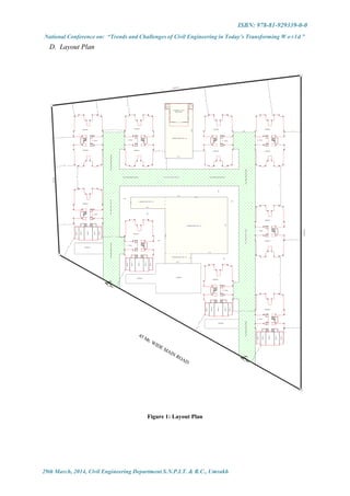 ISBN: 978-81-929339-0-0
National Conference on: “Trends and Challenges of Civil Engineering in Today’s Transforming W o r l d ”
29th March, 2014, Civil Engineering Department S.N.P.I.T. & R.C., Umrakh
D. Layout Plan
COMMUNITY HALL
10.00 x 10.00
ROOM
3.00
T. BLOCK
3.00 x
A - WING
B - WING
C - WING
D - WING
E - WING F - WING
G - WING H - WING
I - WING
9 Mt. WIDE SERVICE ROAD
45 Mt. WIDE MAIN ROAD
PARKING
PARKING
PARKING
PARKING
PARKING
PARKING
PARKING
PARKING
PARKING
PARKING
PARKING PARKING
PARKING
PARKING
SHOP-1
SHOP-1
SHOP-1
SHOP-1
SHOP-2
SHOP-2
SHOP-2
SHOP-2
SHOP-3
SHOP-3
SHOP-3
SHOP-3
SHOP-4
SHOP-5
SHOP-4
SHOP-4
SHOP-4
SHOP-5
SHOP-5
SHOP-5
LIFT
LIFT
LIFT
LIFT
LIFT
LIFT
LIFT
LIFT
LIFT
LIFT
LIFT
LIFT
LIFT
LIFT
9Mt.WIDESERVICEROAD
LIFT
LIFT
LIFT
9Mt.WIDESERVICEROAD
ENTRY
52.59
18.61
6.31
6.00
29.58
6.00
5.32
19.16
30.57
6.00
6.00
6.00
6.00
9.00
9.00
9.0012.00
19.7321.07
11.73
11.89
6.00 6.00
6.00
15.10
29.63
7.03
7.88
10.90
10.65
8.52
11.59
10.25
10.00
10.49
12.00
12.27
9.92
15.09
19.32
LIFT
134.62 mt.
9Mt.WIDESERVICEROAD9Mt.WIDESERVICEROAD
9Mt.WIDESERVICEROAD9Mt.WIDESERVICEROAD
9 Mt. WIDE SERVICE ROAD 9 Mt. WIDE SERVICE ROAD
168.44mt.
79.22mt.
ENTRY
33.98
COMMON OPEN PLOT : 01
COMMON OPEN PLOT : 02
14.317
COMMON OPEN PLOT : 03
COMMON OPEN PLOT : 04
3.00
3.00 x
PARKING
PARKING
PARKING
PARKING
Figure 1: Layout Plan
 