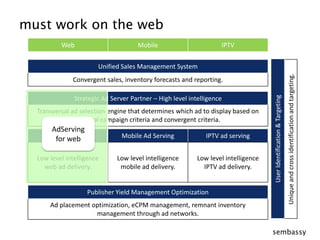 WebIPTVMobileUnified Sales Management SystemConvergent sales, inventory forecasts and reporting.Strategic Ad Server Partner – High level intelligenceTransversal ad selection engine that determines which ad to display based on classical campaign criteria and convergent criteria.AdServing for webWeb Ad ServingIPTV ad servingMobile Ad ServingUser Identification & TargetingUnique and cross identification and targeting.Low level intelligence web ad delivery.Low level intelligence mobile ad delivery.Low level intelligence IPTV ad delivery.Publisher Yield Management OptimizationAd placement optimization, eCPM management, remnant inventory management through ad networks.must work on the web