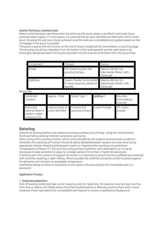 Where voids have been identified within the wall core the cavity needs to be filled to eliminate future
potential water ingress. For this reason, it’s essential that all voids identified are filled with a lime mortar
grout. Grouting the void can only be achieved once the walls are consolidated and packed sealed so that
no leakage of the grout is possible.
The grout is gravity fed into funnels on the end of hoses installed at the consolidation or pointing stage.
The grouting should be undertaken from the bottom of the wall upwards and the wall needs to be
thoroughly dampened down first by pouring water into the hose tail ends which form the grout holes.
Component Product Source
Binder Pre-mixed Coulinex fine
grouting mortars
Masons Mortar Ltd.
Salamander Street, Leith,
Edinburgh
Additives Casein Powder (to be added
to areas requiring additional
liquidity
Masons Mortar Ltd.
Salamander Street, Leith,
Edinburgh
Mortar Mix
Substrate/
Location
Approx. Thick Binder Type 1 Mix ratio
(nominally by
volume)
External &
Internal faces of
random rubble
masonry core
Various areas of
voids identified
Coulinex fine
grouting mortars
Casein Powder 2% casein
powder
Assume all existing harling to be replaced (including picking and pointing) using the method below.
Pointing/Harling working methods: protection and curing
Allow curing of the pointing mortars, which will be dictated by the ambient environmental conditions.
Generally, the newly placed mortars should be lightly dampened (water sprays) and slow dried (using
appropriate hessian sheeting and tarpaulin covers as required while avoiding over protection).
Temperatures of below 5°C will slow the curing process (hydration and carbonation) so it may be
necessary to keep protection in place for a longer period of time than in higher temperatures.
If working with lime mortars throughout the winter it is important to ensure that the scaffolds are protected
with monoflex sheeting or debri netting. Where possible the scaffolds should be roofed to protect against
the elements and maintain an acceptable temperature.
Scaffolding design to allow for possibility of soft spots in the ground given the immediate area is a
graveyard.
Pick off existing render and rake out all masonry joints for repointing. All masonry must be clean and free
from dust or debris; soft friable stone should be brushed back to a relatively sound surface and in some
instances these may need to be consolidated and repaired to ensure a satisfactory background.
 