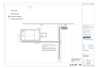 Step
Step
Ramp
Stair
Step
Step
PV Battery Housing in
waterproof cabinet
PV Panels of preformed bases filled with Type 2 fill to
anchor them, placed on salvaged flagstone base flush with
existing ground level with salvaged flagstone on edge to
sides cut to slope of PV panel.
Form
waterless
closet
28343
32613
Soakaway on the basis of 5m3 per 100m2 of roof.
Roof is 254m2 (Each side is 127m2) requiring 6.35m3 for
each half of the roof.
This is equates to a soakaway trench 560mm wide by
300mm tall with 50mm of gravel on top for soakaway A.
This is equates to a soakaway trench 640mm wide by
300mm tall with 50mm of gravel on top for soakaway B.
Soakaway A 32.65m
Soakaway
B
28.3m
@ A3
Drawing Title
Drawing No.
Project No.
ISO
A3
-
297mmx420mm DATE REVISION REV
Drawn
Checked
Rev.
DRW CHK
Sheet Status
Date
Date
Scale
This drawing must not be used, reproduced or
revised without written permission.
This drawing shall not be used for
construction purposes until the
“CONSTRUCTION” status appears under the
Sheet Status.
Constructors must only work to figured
dimensions which are to be checked on site.
Do not scale from hard copy drawings
Project Name
An Ingenium International Company
NORR Consultants Limited.
This drawing has been prepared solely for the use
of
and there are no representations of any kind
made by NORR Consultants Limited to any party
with whom NORR Consultants Limited has not
entered into a contract
St. Nicholas Kirk
St. Nicholas Kirk
1:200
16/01/2024
MF
16/01/2024
CM
P01
IN3025-0011
Planning
St. Nicholas Kirk
Soakaway Plan
SNCK-NOR-ZZ-ZZ-DR-A-00012
N
S
E
W
First Issue P01 CM MF
16/01/25
0
Scale 1:200
2 4 6 8 10
Cable Route
Cable Route
Rainwater drain
Ground mounted PV panels
Rainwater drain
Reinstate gravel to path
Rainwater soakaway
Shown Gravestone positions not exact.
Contractor to agree with architect on
site final position of cable and
soakaway routes to avoid crossing
burial layers.
 