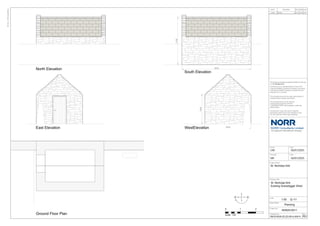 3050
1950
3150
4550
P01
17/01/25 First Issue CM MF
SNCK-NOR-ZZ-ZZ-DR-A-00015
@ A3
Drawing Title
Drawing No.
Project No.
ISO
A3
-
297mmx420mm
DATE REVISION REV
Drawn
Checked
Rev.
DRW CHK
Sheet Status
Date
Date
Scale
This drawing must not be used, reproduced or
revised without written permission.
This drawing shall not be used for
construction purposes until the
“CONSTRUCTION” status appears under the
Sheet Status.
Constructors must only work to figured
dimensions which are to be checked on site.
Do not scale from hard copy drawings
Project Name
An Ingenium International Company
NORR Consultants Limited.
This drawing has been prepared solely for the use
of
and there are no representations of any kind
made by NORR Consultants Limited to any party
with whom NORR Consultants Limited has not
entered into a contract
St. Nicholas Kirk
St. Nicholas Kirk
1:50
16/01/2025
MF
16/01/2025
CM
P01
IN3025-0011
Planning
St. Nicholas Kirk
Existing Gravedigger Shed
North Elevation
South Elevation
East Elevation WestElevation
Ground Floor Plan
0
Scale 1:50
1 2
N
S
E
W
 