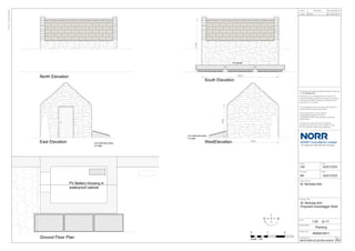 PV Battery Housing in
waterproof cabinet
3050
1950
3150
4550
P01
17/01/25 First Issue CM MF
SNCK-NOR-ZZ-ZZ-DR-A-00016
@ A3
Drawing Title
Drawing No.
Project No.
ISO
A3
-
297mmx420mm
DATE REVISION REV
Drawn
Checked
Rev.
DRW CHK
Sheet Status
Date
Date
Scale
This drawing must not be used, reproduced or
revised without written permission.
This drawing shall not be used for
construction purposes until the
“CONSTRUCTION” status appears under the
Sheet Status.
Constructors must only work to figured
dimensions which are to be checked on site.
Do not scale from hard copy drawings
Project Name
An Ingenium International Company
NORR Consultants Limited.
This drawing has been prepared solely for the use
of
and there are no representations of any kind
made by NORR Consultants Limited to any party
with whom NORR Consultants Limited has not
entered into a contract
St. Nicholas Kirk
St. Nicholas Kirk
1:50
16/01/2025
MF
16/01/2025
CM
P01
IN3025-0011
Planning
St. Nicholas Kirk
Proposed Gravedigger Shed
North Elevation
South Elevation
East Elevation WestElevation
Ground Floor Plan
0
Scale 1:50
1 2
N
S
E
W
PV panels
Cut Caithness slabs
on edge
Cut Caithness slabs
on edge
 
