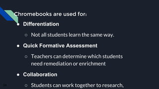 Chromebooks are used for:
● Differentiation
○ Not all students learn the same way.
● Quick Formative Assessment
○ Teachers can determine which students
need remediation or enrichment
● Collaboration
○ Students can work together to research,24
 