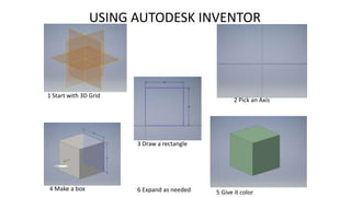 USING AUTODESK INVENTOR
1 Start with 3D Grid
2 Pick an Axis
3 Draw a rectangle
4 Make a box
5 Give it color6 Expand as needed
 