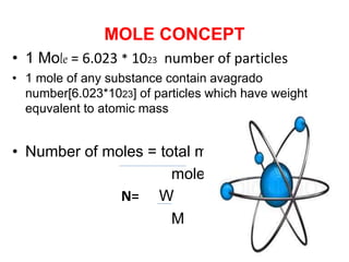 MOLE CONCEPT
• 1 Mole = 6.023 * 1023 number of particles
• 1 mole of any substance contain avagrado
number[6.023*1023] of particles which have weight
equvalent to atomic mass
• Number of moles = total mass
molecular mass
N= W
M
 