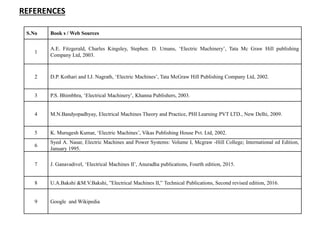 REFERENCES
S.No Book s / Web Sources
1
A.E. Fitzgerald, Charles Kingsley, Stephen. D. Umans, ‘Electric Machinery’, Tata Mc Graw Hill publishing
Company Ltd, 2003.
2 D.P. Kothari and I.J. Nagrath, ‘Electric Machines’, Tata McGraw Hill Publishing Company Ltd, 2002.
3 P.S. Bhimbhra, ‘Electrical Machinery’, Khanna Publishers, 2003.
4 M.N.Bandyopadhyay, Electrical Machines Theory and Practice, PHI Learning PVT LTD., New Delhi, 2009.
5 K. Murugesh Kumar, ‘Electric Machines’, Vikas Publishing House Pvt. Ltd, 2002.
6
Syed A. Nasar, Electric Machines and Power Systems: Volume I, Mcgraw -Hill College; International ed Edition,
January 1995.
7 J. Ganavadivel, ‘Electrical Machines II’, Anuradha publications, Fourth edition, 2015.
8 U.A.Bakshi &M.V.Bakshi, ”Electrical Machines II,” Technical Publications, Second revised edition, 2016.
9 Google and Wikipedia
 