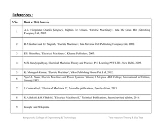 References :
Kongunadu College of Engineering & Technology Two reaction Theory & Slip Test
S.No Book s / Web Sources
1
A.E. Fitzgerald, Charles Kingsley, Stephen. D. Umans, ‘Electric Machinery’, Tata Mc Graw Hill publishing
Company Ltd, 2003.
2 D.P. Kothari and I.J. Nagrath, ‘Electric Machines’, Tata McGraw Hill Publishing Company Ltd, 2002.
3 P.S. Bhimbhra, ‘Electrical Machinery’, Khanna Publishers, 2003.
4 M.N.Bandyopadhyay, Electrical Machines Theory and Practice, PHI Learning PVT LTD., New Delhi, 2009.
5 K. Murugesh Kumar, ‘Electric Machines’, Vikas Publishing House Pvt. Ltd, 2002.
6
Syed A. Nasar, Electric Machines and Power Systems: Volume I, Mcgraw -Hill College; International ed Edition,
January 1995.
7 J. Ganavadivel, ‘Electrical Machines II’, Anuradha publications, Fourth edition, 2015.
8 U.A.Bakshi &M.V.Bakshi, ”Electrical Machines II,” Technical Publications, Second revised edition, 2016.
9 Google and Wikipedia
 