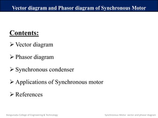 Vector diagram and Phasor diagram of Synchronous Motor
Contents:
 Vector diagram
 Phasor diagram
 Synchronous condenser
 Applications of Synchronous motor
 References
Kongunadu College of Engineering & Technology Synchronous Motor vector and phasor diagram
 