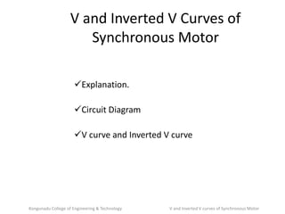 V and Inverted V Curves of
Synchronous Motor
Explanation.
Circuit Diagram
V curve and Inverted V curve
Kongunadu College of Engineering & Technology V and Inverted V curves of Synchronous Motor
 