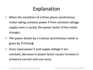 Explanation
• When the excitation of a three phase synchronous
motor taking constant power P from constant voltage
supply main is varied, the power factor of the motor
changes.
• The power drawn by a 3 phase synchronous motor is
given by, P=VIcosφ.
• Since input power P and supply voltage V are
constant, decrease in power factor causes increase in
armature current and vice-versa.
Kongunadu College of Engineering & Technology V and Inverted V curves of Synchronous Motor
 