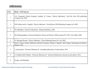 references
Kongunadu College of Engineering & Technology V and Inverted V curves Synchronous Motor
S.No Book s / Web Sources
1
A.E. Fitzgerald, Charles Kingsley, Stephen. D. Umans, ‘Electric Machinery’, Tata Mc Graw Hill publishing
Company Ltd, 2003.
2 D.P. Kothari and I.J. Nagrath, ‘Electric Machines’, Tata McGraw Hill Publishing Company Ltd, 2002.
3 P.S. Bhimbhra, ‘Electrical Machinery’, Khanna Publishers, 2003.
4 M.N.Bandyopadhyay, Electrical Machines Theory and Practice, PHI Learning PVT LTD., New Delhi, 2009.
5 K. Murugesh Kumar, ‘Electric Machines’, Vikas Publishing House Pvt. Ltd, 2002.
6
Syed A. Nasar, Electric Machines and Power Systems: Volume I, Mcgraw -Hill College; International ed Edition,
January 1995.
7 J. Ganavadivel, ‘Electrical Machines II’, Anuradha publications, Fourth edition, 2015.
8 U.A.Bakshi &M.V.Bakshi, ”Electrical Machines II,” Technical Publications, Second revised edition, 2016.
9 Google and Wikipedia
 
