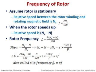 Frequency of Rotor
• Assume rotor is stationary
– Relative speed between the rotor winding and
rotating magnetic field is Ns
• When the rotor speeds up
– Relative speed is (Ns – N)
• Rotor Frequency
Kongunadu college of Engineering & Technology Three phase Induction – Frequency, Rotor EMF, Current and Power factor related Problems
 