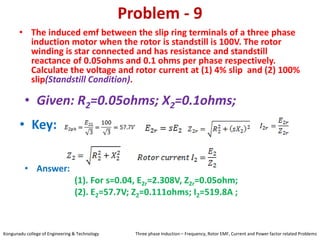 Problem - 9
• The induced emf between the slip ring terminals of a three phase
induction motor when the rotor is standstill is 100V. The rotor
winding is star connected and has resistance and standstill
reactance of 0.05ohms and 0.1 ohms per phase respectively.
Calculate the voltage and rotor current at (1) 4% slip and (2) 100%
slip(Standstill Condition).
• Key:
• Answer:
(1). For s=0.04, E2r=2.308V, Z2r=0.05ohm;
(2). E2=57.7V; Z2=0.111ohms; I2=519.8A ;
• Given: R2=0.05ohms; X2=0.1ohms;
Kongunadu college of Engineering & Technology Three phase Induction – Frequency, Rotor EMF, Current and Power factor related Problems
 