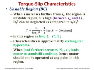 Torque-Slip Characteristics
• Unstable Region (BC)
– When s increases further from sm the region is
unstable region, s is high (between sm and 1) ,
R2
2 can be neglected as compared to s2X2
2
– in this region as load ↑, s↑, T↓
– Characteristics is approximately rectangular
hyperbola.
– When load further increases, N↓, s↑, leads
motor to standstill condition, hence motor
should not be operated at any point in this
region.
Kongunadu college of Engineering & Technology Three phase Induction Motor – Torque slip characteristics
 