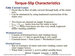 Torque-Slip Characteristics
Eddy Current Losses
• Occur due to flow of eddy current through body of the stator
core.
• Can be minimized by using laminated construction of the
stator core
• Two losses are depend on supply frequency ,
• fstator = fsupply, hence iron loss for stator is more
• frotor <<, hence iron losses are also very small, neglected
under running condition
Mechanical Losses
• Consists of frictional losses and windage losses
• Losses are <<< due to speed drop is very small
• Constant losses = Iron Losses + Mechanical Losses
Electrical Losses
• Due to resistance of stator and rotor winding. (stator and
rotor copper losses)
• When load ↕ current ↕, so it is called variable losses
Kongunadu college of Engineering & Technology Three phase Induction Motor – Torque slip characteristics
 