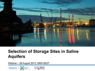 Selection of Storage Sites in Saline
Aquifers
Webinar – 28 August 2013, 0800 AEST
 