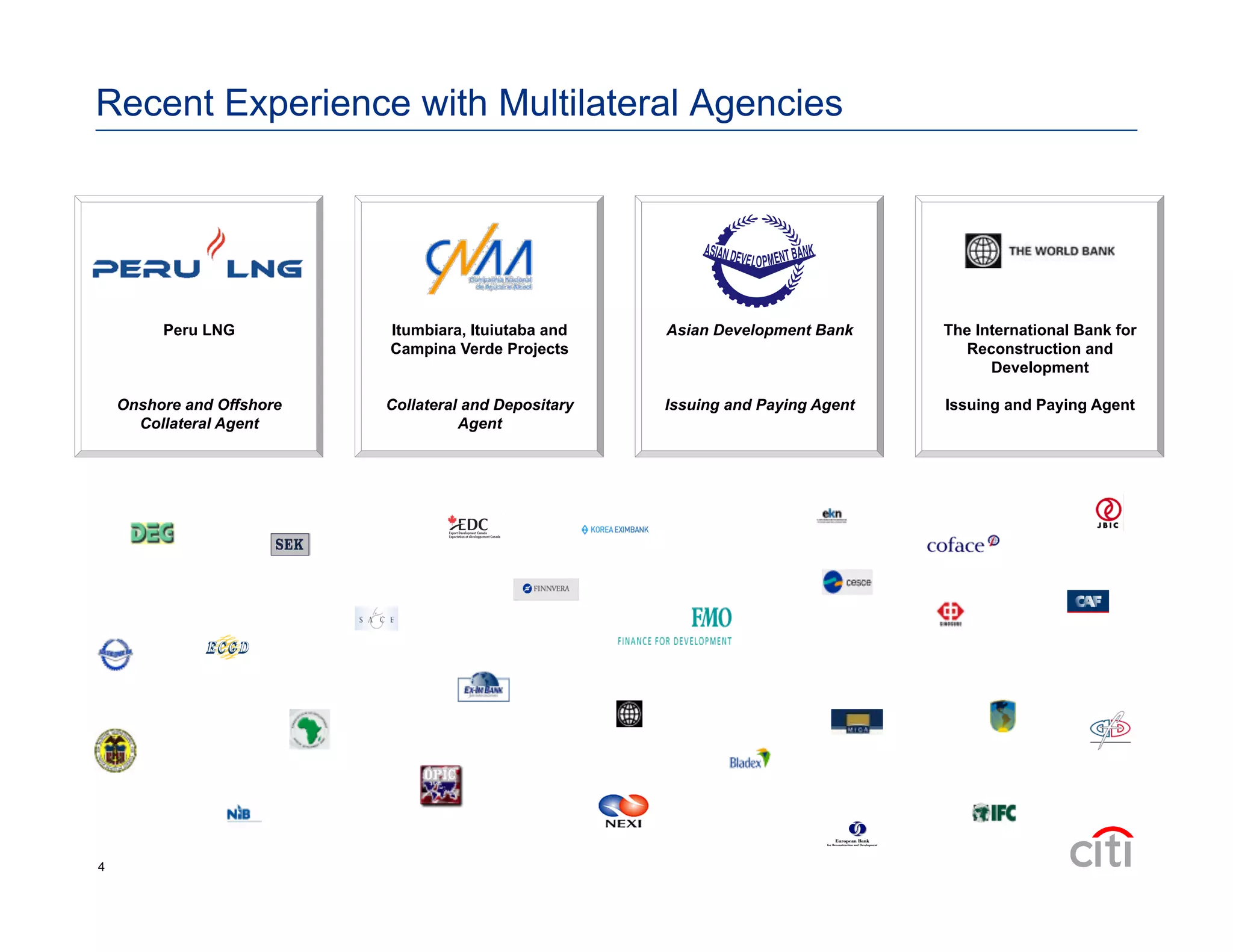 Recent Experience with Multilateral Agencies
Peru LNG
Onshore and Offshore
Collateral Agent
Itumbiara, Ituiutaba and
Campina Verde Projects
Collateral and Depositary
Agent
Asian Development Bank
Issuing and Paying Agent
The International Bank for
Reconstruction and
Development
Issuing and Paying Agent
4
 