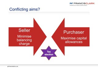 pkf-francisclark.co.uk
Conflicting aims?
Seller
Minimise
balancing
charge
Purchaser
Maximise capital
allowances
 