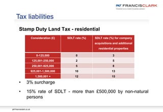 pkf-francisclark.co.uk
.
Tax liabilities
Stamp Duty Land Tax - residential
• 3% surcharge
• 15% rate of SDLT - more than £500,000 by non-natural
persons
Consideration (£) SDLT rate (%) SDLT rate (%) for company
acquisitions and additional
residential properties
0-125,000 0 3
125,001-250,000 2 5
250,001-925,000 5 8
925,001-1,500,000 10 13
1,500,001 + 12 15
 