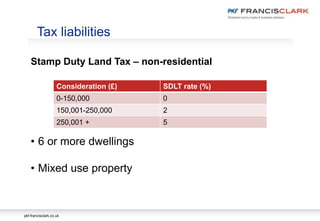 pkf-francisclark.co.uk
Stamp Duty Land Tax – non-residential
• 6 or more dwellings
• Mixed use property
Tax liabilities
Consideration (£) SDLT rate (%)
0-150,000 0
150,001-250,000 2
250,001 + 5
 