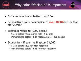 Why color “Variable” is Important Color communicates better than B/W Personalized color communicates  over 1000%  better than static color Example: Mailer to 1,000 people Static color: ½% response rate – 5 people Personalized color: 18.8% response rate – 188 people Economics – if your mailing cost $1,000 Static color: $200 for each response Personalized color: $5.32 for each response 