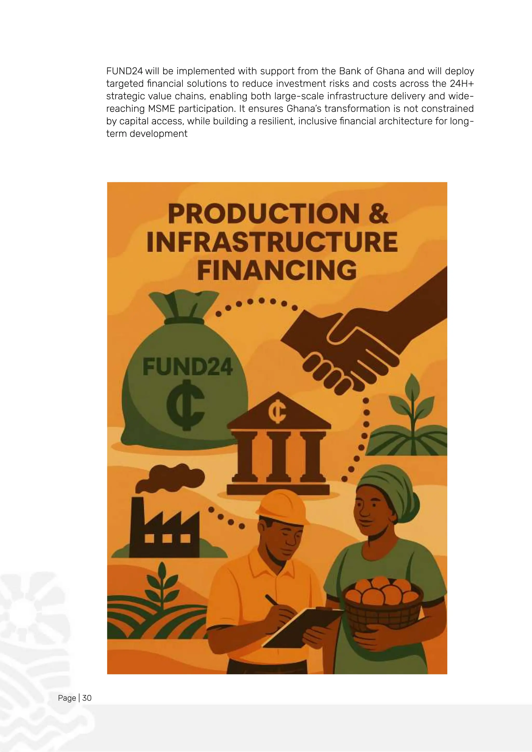 Page | 30
FUND24 will be implemented with support from the Bank of Ghana and will deploy
targeted financial solutions to reduce investment risks and costs across the 24H+
strategic value chains, enabling both large-scale infrastructure delivery and wide-
reaching MSME participation. It ensures Ghana’s transformation is not constrained
by capital access, while building a resilient, inclusive financial architecture for long-
term development
 