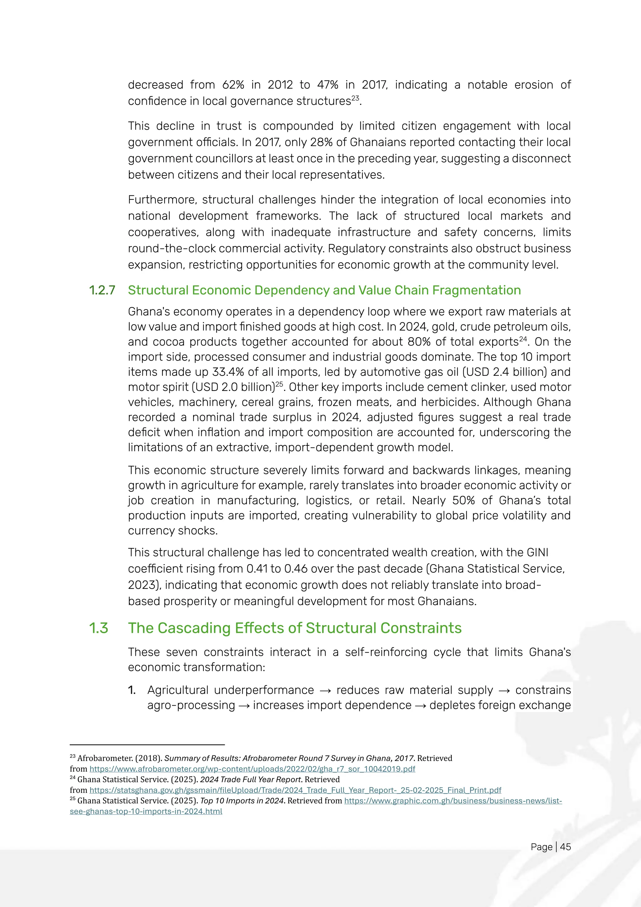 Page | 45
decreased from 62% in 2012 to 47% in 2017, indicating a notable erosion of
confidence in local governance structures23
.
This decline in trust is compounded by limited citizen engagement with local
government officials. In 2017, only 28% of Ghanaians reported contacting their local
government councillors at least once in the preceding year, suggesting a disconnect
between citizens and their local representatives.
Furthermore, structural challenges hinder the integration of local economies into
national development frameworks. The lack of structured local markets and
cooperatives, along with inadequate infrastructure and safety concerns, limits
round-the-clock commercial activity. Regulatory constraints also obstruct business
expansion, restricting opportunities for economic growth at the community level.
1.2.7 Structural Economic Dependency and Value Chain Fragmentation
Ghana's economy operates in a dependency loop where we export raw materials at
low value and import finished goods at high cost. In 2024, gold, crude petroleum oils,
and cocoa products together accounted for about 80% of total exports24
. On the
import side, processed consumer and industrial goods dominate. The top 10 import
items made up 33.4% of all imports, led by automotive gas oil (USD 2.4 billion) and
motor spirit (USD 2.0 billion)25
. Other key imports include cement clinker, used motor
vehicles, machinery, cereal grains, frozen meats, and herbicides. Although Ghana
recorded a nominal trade surplus in 2024, adjusted figures suggest a real trade
deficit when inflation and import composition are accounted for, underscoring the
limitations of an extractive, import-dependent growth model.
This economic structure severely limits forward and backwards linkages, meaning
growth in agriculture for example, rarely translates into broader economic activity or
job creation in manufacturing, logistics, or retail. Nearly 50% of Ghana’s total
production inputs are imported, creating vulnerability to global price volatility and
currency shocks.
This structural challenge has led to concentrated wealth creation, with the GINI
coefficient rising from 0.41 to 0.46 over the past decade (Ghana Statistical Service,
2023), indicating that economic growth does not reliably translate into broad-
based prosperity or meaningful development for most Ghanaians.
1.3 The Cascading Effects of Structural Constraints
These seven constraints interact in a self-reinforcing cycle that limits Ghana's
economic transformation:
1. Agricultural underperformance → reduces raw material supply → constrains
agro-processing → increases import dependence → depletes foreign exchange
23
Afrobarometer. (2018). Summary of Results: Afrobarometer Round 7 Survey in Ghana, 2017. Retrieved
from https://www.afrobarometer.org/wp-content/uploads/2022/02/gha_r7_sor_10042019.pdf
24
Ghana Statistical Service. (2025). 2024 Trade Full Year Report. Retrieved
from https://statsghana.gov.gh/gssmain/fileUpload/Trade/2024_Trade_Full_Year_Report-_25-02-2025_Final_Print.pdf
25
Ghana Statistical Service. (2025). Top 10 Imports in 2024. Retrieved from https://www.graphic.com.gh/business/business-news/list-
see-ghanas-top-10-imports-in-2024.html
 