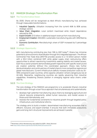 Page | 109
5.2 MAKE24 Strategic Transformation Plan
5.2.1 The Transformative Vision
By 2030, Ghana will be recognised as West Africa's manufacturing hub, achieved
through measurable transformations:
1. Industrial Capacity: Utilisation increasing from the current 46% to 85% across
strategic sectors
2. Value Chain Integration: Local content maximised while import dependence
reduced by 35%
3. Export Growth: $1.5 billion in additional export revenue from manufacturing
4. Employment Creation: 500,000+ sustainable manufacturing jobs with 40% filled by
women
5. Economic Contribution: Manufacturing's share of GDP increased by 5 percentage
points
5.2.2 Strategic Opportunity
With manufacturing contributing less than 12% to GDP today48
, Ghana has immense
potential to drive economic diversification through this integrated approach. The African
Continental Free Trade Area (AfCFTA) provides access to a 1.3-billion-person market
with a $3.4 trillion combined GDP, while global supply chain restructuring offers
opportunities to attract nearshoring investments seeking stability and market access.
Each focus sector presents demonstrated growth trajectories with specific revenue and
job creation potential. Without this coordinated approach, Ghana risks further
deindustrialisation and continued loss of market share to more competitive regional and
global manufacturers. Current infrastructure deficits increase production costs by 25-
40% compared to peer countries, while capacity utilisation remains dangerously low at
42-46%. Meanwhile, neighbouring countries are rapidly advancing their industrial
capabilities, threatening Ghana's position in emerging regional value chains under
AfCFTA.
5.2.3 The Core Strategy
The core strategy of the MAKE24 sub-programme is to accelerate Ghana’s industrial
transformation through a dual-focus approach that simultaneously and systematically:
1. develops high-potential manufacturing value chains by leveraging agricultural and
natural resource endowments, skilled human resources, and market access in
Ghana and internationally; and
2. resolves the fundamental constraints to industrial growth through targeted policy,
infrastructure, and institutional reforms.
The strategy aims to build a modern, decentralised manufacturing ecosystem that is
efficient, inclusive, and export-oriented. It ensures that both immediate productivity
gains and long-term structural improvements are achieved in parallel.
48
World Bank. (2023). Manufacturing, value added (% of GDP) – Ghana. Retrieved
from https://data.orldbank.org/indicator/NV.IND.MANF.ZS?locations=GH
 
