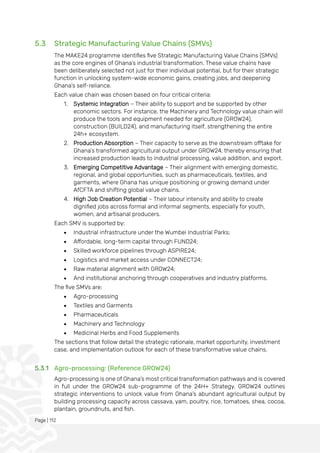 Page | 112
5.3 Strategic Manufacturing Value Chains (SMVs)
The MAKE24 programme identifies five Strategic Manufacturing Value Chains (SMVs)
as the core engines of Ghana’s industrial transformation. These value chains have
been deliberately selected not just for their individual potential, but for their strategic
function in unlocking system-wide economic gains, creating jobs, and deepening
Ghana’s self-reliance.
Each value chain was chosen based on four critical criteria:
1. Systemic Integration – Their ability to support and be supported by other
economic sectors. For instance, the Machinery and Technology value chain will
produce the tools and equipment needed for agriculture (GROW24),
construction (BUILD24), and manufacturing itself, strengthening the entire
24h+ ecosystem.
2. Production Absorption – Their capacity to serve as the downstream offtake for
Ghana’s transformed agricultural output under GROW24, thereby ensuring that
increased production leads to industrial processing, value addition, and export.
3. Emerging Competitive Advantage – Their alignment with emerging domestic,
regional, and global opportunities, such as pharmaceuticals, textiles, and
garments, where Ghana has unique positioning or growing demand under
AfCFTA and shifting global value chains.
4. High Job Creation Potential – Their labour intensity and ability to create
dignified jobs across formal and informal segments, especially for youth,
women, and artisanal producers.
Each SMV is supported by:
• Industrial infrastructure under the Wumbei Industrial Parks;
• Affordable, long-term capital through FUND24;
• Skilled workforce pipelines through ASPIRE24;
• Logistics and market access under CONNECT24;
• Raw material alignment with GROW24;
• And institutional anchoring through cooperatives and industry platforms.
The five SMVs are:
• Agro-processing
• Textiles and Garments
• Pharmaceuticals
• Machinery and Technology
• Medicinal Herbs and Food Supplements
The sections that follow detail the strategic rationale, market opportunity, investment
case, and implementation outlook for each of these transformative value chains.
5.3.1 Agro-processing: (Reference GROW24)
Agro-processing is one of Ghana’s most critical transformation pathways and is covered
in full under the GROW24 sub-programme of the 24H+ Strategy. GROW24 outlines
strategic interventions to unlock value from Ghana’s abundant agricultural output by
building processing capacity across cassava, yam, poultry, rice, tomatoes, shea, cocoa,
plantain, groundnuts, and fish.
 
