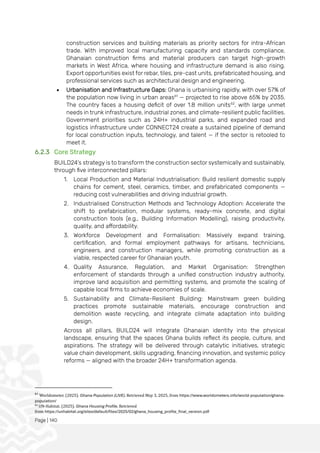 Page | 140
construction services and building materials as priority sectors for intra-African
trade. With improved local manufacturing capacity and standards compliance,
Ghanaian construction firms and material producers can target high-growth
markets in West Africa, where housing and infrastructure demand is also rising.
Export opportunities exist for rebar, tiles, pre-cast units, prefabricated housing, and
professional services such as architectural design and engineering.
• Urbanisation and Infrastructure Gaps: Ghana is urbanising rapidly, with over 57% of
the population now living in urban areas61
— projected to rise above 65% by 2035.
The country faces a housing deficit of over 1.8 million units62
, with large unmet
needs in trunk infrastructure, industrial zones, and climate-resilient public facilities.
Government priorities such as 24H+ industrial parks, and expanded road and
logistics infrastructure under CONNECT24 create a sustained pipeline of demand
for local construction inputs, technology, and talent — if the sector is retooled to
meet it.
6.2.3 Core Strategy
BUILD24’s strategy is to transform the construction sector systemically and sustainably,
through five interconnected pillars:
1. Local Production and Material Industrialisation: Build resilient domestic supply
chains for cement, steel, ceramics, timber, and prefabricated components —
reducing cost vulnerabilities and driving industrial growth.
2. Industrialised Construction Methods and Technology Adoption: Accelerate the
shift to prefabrication, modular systems, ready-mix concrete, and digital
construction tools (e.g., Building Information Modelling), raising productivity,
quality, and affordability.
3. Workforce Development and Formalisation: Massively expand training,
certification, and formal employment pathways for artisans, technicians,
engineers, and construction managers, while promoting construction as a
viable, respected career for Ghanaian youth.
4. Quality Assurance, Regulation, and Market Organisation: Strengthen
enforcement of standards through a unified construction industry authority,
improve land acquisition and permitting systems, and promote the scaling of
capable local firms to achieve economies of scale.
5. Sustainability and Climate-Resilient Building: Mainstream green building
practices promote sustainable materials, encourage construction and
demolition waste recycling, and integrate climate adaptation into building
design.
Across all pillars, BUILD24 will integrate Ghanaian identity into the physical
landscape, ensuring that the spaces Ghana builds reflect its people, culture, and
aspirations. The strategy will be delivered through catalytic initiatives, strategic
value chain development, skills upgrading, financing innovation, and systemic policy
reforms — aligned with the broader 24H+ transformation agenda.
61
Worldometer. (2025). Ghana Population (LIVE). Retrieved May 3, 2025, from https://www.worldometers.info/world-population/ghana-
population/
62
UN-Habitat. (2025). Ghana Housing Profile. Retrieved
from https://unhabitat.org/sites/default/files/2025/02/ghana_housing_profile_final_version.pdf
 