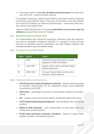 Page | 151
• Encourage adoption of low-cost, permeable paving techniques that reduce dust,
heat, and runoff — improving climate resilience.
This approach creates jobs, supports local enterprise, and visibly transforms neglected
communities using materials made in those very communities. It also demonstrates
how infrastructure delivery can double as industrial policy — where every block laid is
also a block of value added locally.
Target: by 2028, BUILD24 aims to complete at least 500 km of community roads and
walkways using local bricks, across all 16 regions.
6.5 BUILD24 Implementation Plan
This implementation plan outlines the sequencing, institutional roles, key milestones,
and resource mobilization strategy for BUILD24. It is designed to ensure focused
execution of BUILD24's systemic interventions and eight flagship initiatives, with
embedded feedback loops and scalable models.
6.5.1 Strategic Phasing (2025–2030)
6.5.2 Institutional Roles and Governance
• CIDA (Construction Industry Development Authority) – National coordinating body
for BUILD24 implementation (to be established through broad stakeholder
consultation by end-2025).
• PWD & AESL – Lead design and delivery of demonstration projects and standard-
setting.
• GIIF – Leads for construction finance platform and blended capital instruments.
• CTVET & National Apprenticeship Programme – Skills certification, RPL, and training
pipelines.
• MMDAs & GO24 Secretariat – Local implementation of brick roads, community
infrastructure, and procurement.
• Private Sector (contractors, producers, innovators) – Partners in supply chains,
projects, innovation, and capacity expansion.
Phase Period Focus
I 2025 Institutional setup, pilot projects, industry
engagement, CIDA consultations
II 2026–2027 Flagship rollouts, skills acceleration, digital
systems deployment
III 2028–2030 Full-scale implementation, private sector
integration, export readiness
 