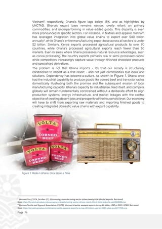 Page | 16
Vietnam5
, respectively, Ghana’s figure lags below 15%, and as highlighted by
UNCTAD, Ghana’s export base remains narrow, overly reliant on primary
commodities, and underperforming in value-added goods. This disparity is even
more pronounced in specific sectors. For instance, in textiles and apparel, Vietnam
has leveraged integration into global value chains to export over $40 billion
annually6
, while Ghana's entire manufacturing export base across all sectors is under
$2 billion. Similarly, Kenya exports processed agricultural products to over 90
countries, while Ghana's processed agricultural exports reach fewer than 30
markets. Even in areas where Ghana possesses natural resource advantages, such
as cocoa processing, the country exports primarily raw or semi-processed cocoa,
while competitors increasingly capture value through finished chocolate products
and specialised derivatives.
The problem is not that Ghana imports - it’s that our society is structurally
conditioned to import as a first resort - and not just commodities but ideas and
solutions. Dependency has become a culture. As shown in Figure 1, Ghana once
had the industrial capability to produce goods like corned beef and transistor radios
domestically illustrating both the promise and the subsequent erosion of local
manufacturing capacity. Ghana’s capacity to industrialise, feed itself, and compete
globally will remain fundamentally constrained without a deliberate effort to align
production systems, energy infrastructure, and market linkages with the central
objective of creating decent jobs and prosperity at the household level. Our economy
will have to shift from exporting raw materials and importing finished goods to
creating integrated domestic value chains with export capability.
5
VietnamPlus. (2024, October 15). Processing, manufacturing sector drives nearly 85% of total exports. Retrieved
from https://en.vietnamplus.vn/processing-manufacturing-sector-drives-nearly-85-of-total-exports-post304638.vnp
6
Vietnam Textile and Apparel Association. (2023). Vietnam’s textile, apparel exports to top 40 billion USD in 2023: VITAS. Retrieved
from https://en.vietnamplus.vn/vietnams-textile-apparel-exports-to-top-40-billion-usd-in-2023-vitas-post271735.vnp
Figure 1: Made in Ghana, Once Upon a Time
 