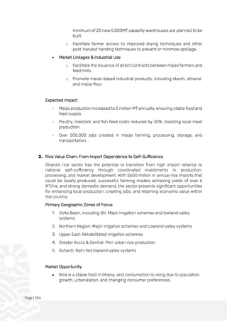 Page | 256
minimum of 20 new 5,000MT capacity warehouses are planned to be
built.
o Facilitate farmer access to improved drying techniques and other
post-harvest handing techniques to prevent or minimise spoilage.
• Market Linkages & Industrial Use
o Facilitate the issuance of direct contracts between maize farmers and
feed mills.
o Promote maize-based industrial products, including starch, ethanol,
and maize flour.
Expected Impact
- Maize production increased to 5 million MT annually, ensuring stable food and
feed supply.
- Poultry, livestock and fish feed costs reduced by 30%, boosting local meat
production.
- Over 500,000 jobs created in maize farming, processing, storage, and
transportation.
2. Rice Value Chain: From Import Dependence to Self-Sufficiency
Ghana’s rice sector has the potential to transition from high import reliance to
national self-sufficiency through coordinated investments in production,
processing, and market development. With $600 million in annual rice imports that
could be locally produced, successful farming models achieving yields of over 6
MT/ha, and strong domestic demand, the sector presents significant opportunities
for enhancing local production, creating jobs, and retaining economic value within
the country.
Primary Geographic Zones of Focus
1. Volta Basin, including Oti: Major irrigation schemes and lowland valley
systems
2. Northern Region: Major irrigation schemes and Lowland valley systems
3. Upper East: Rehabilitated irrigation schemes
4. Greater Accra & Central: Peri-urban rice production
5. Ashanti: Rain-fed lowland valley systems
Market Opportunity
• Rice is a staple food in Ghana, and consumption is rising due to population
growth, urbanization, and changing consumer preferences.
 