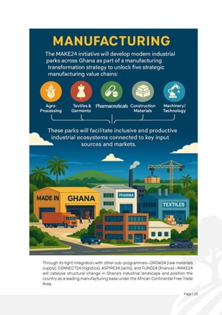 Page | 25
Through its tight integration with other sub-programmes—GROW24 (raw materials
supply), CONNECT24 (logistics), ASPIRE24 (skills), and FUND24 (finance)—MAKE24
will catalyse structural change in Ghana’s industrial landscape and position the
country as a leading manufacturing base under the African Continental Free Trade
Area.
 