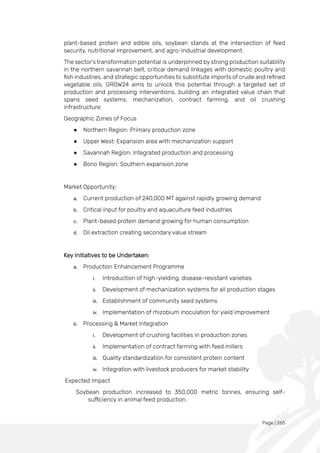 Page | 265
plant-based protein and edible oils, soybean stands at the intersection of feed
security, nutritional improvement, and agro-industrial development.
The sector’s transformation potential is underpinned by strong production suitability
in the northern savannah belt, critical demand linkages with domestic poultry and
fish industries, and strategic opportunities to substitute imports of crude and refined
vegetable oils. GROW24 aims to unlock this potential through a targeted set of
production and processing interventions, building an integrated value chain that
spans seed systems, mechanization, contract farming, and oil crushing
infrastructure.
Geographic Zones of Focus
● Northern Region: Primary production zone
● Upper West: Expansion area with mechanization support
● Savannah Region: Integrated production and processing
● Bono Region: Southern expansion zone
Market Opportunity:
a. Current production of 240,000 MT against rapidly growing demand
b. Critical input for poultry and aquaculture feed industries
c. Plant-based protein demand growing for human consumption
d. Oil extraction creating secondary value stream
Key Initiatives to be Undertaken:
a. Production Enhancement Programme
i. Introduction of high-yielding, disease-resistant varieties
ii. Development of mechanization systems for all production stages
iii. Establishment of community seed systems
iv. Implementation of rhizobium inoculation for yield improvement
b. Processing & Market Integration
i. Development of crushing facilities in production zones
ii. Implementation of contract farming with feed millers
iii. Quality standardization for consistent protein content
iv. Integration with livestock producers for market stability
Expected Impact
Soybean production increased to 350,000 metric tonnes, ensuring self-
sufficiency in animal feed production.
 