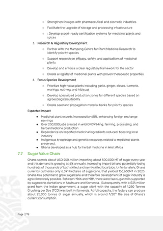 Page | 278
○ Strengthen linkages with pharmaceutical and cosmetic industries
○ Facilitate the upgrade of storage and processing infrastructure
○ : Develop export-ready certification systems for medicinal plants and
spices
3. Research & Regulatory Development
○ Partner with the Mampong Centre for Plant Medicine Research to
identify priority species
○ Support research on efficacy, safety, and applications of medicinal
plants
○ Develop and enforce a clear regulatory framework for the sector
○ Create a registry of medicinal plants with proven therapeutic properties
4. Focus Species Development
○ Prioritize high-value plants including garlic, ginger, cloves, turmeric,
moringa, nutmeg, and hibiscus
○ Develop specialized production zones for different species based on
agroecologicalsuitability
○ Create seed and propagation material banks for priority species
Expected Impact
● Medicinal plant exports increased by 60%, enhancing foreign exchange
earnings
● Over 200,000 jobs created in wild GROW24ing, farming, processing, and
herbal medicine production
● Dependence on imported medicinal ingredients reduced, boosting local
industry
● Indigenous knowledge and genetic resources related to medicinal plants
preserved.
● Ghana developed as a hub for herbal medicine in West Africa
7.7 Sugar Value Chain
Ghana spends about USD 250 million importing about 500,000 MT of sugar every year
and this demand is growing at 6% annually, increasing import bill and potentially losing
hundreds of thousands of both skilled and semi-skilled local jobs. Unfortunately, Ghana
currently cultivates only 6,391 hectares of sugarcane, that yielded 156,630MT in 2023.
Ghana has potential to grow sugarcane and therefore development of sugar industry is
agro climatically possible. Between 1966 and 1981, there were two sugar mills supported
by sugarcane plantations in Asutsuare and Komenda. Subsequently, with a $35 million
grant from the Indian government, a sugar plant with the capacity of 1,250 Tonnes
Crushing per Day (TCD) was built in Komenda. At full capacity, the factory can produce
about 25,000 tonnes of sugar annually, which is around 1/20th
the size of Ghana’s
current consumption.
 