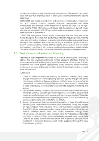 Page | 29
northern production zones to southern markets and ports. This will reduce logistics
costs from over 40% of product value to below 20%, unlocking national and regional
trade flows.
CONNECT24 also invests in cold chain and warehouse infrastructure, modernises
port and customs systems, expands structured aggregation and digital
marketplaces, and develops Tamale Airport into a regional air cargo hub for high-
value exports. These interventions will reduce post-harvest losses by half, enable
real-time price access for 500,000 producers, and ensure reliable input and product
flows for GROW24 and MAKE24.
CONNECT24 strengthens Ghana’s ability to compete from the farm gate to the
market to export. It ensures that goods move efficiently, reducing waste, lowering
costs, and connecting producers to structured markets and buyers across Ghana,
the region, and the world. With Volta Lake serving as a national logistics spine and
modern systems enabling reliable, 24/7 operations, Ghana will not only feed itself
and supply its industries—it will compete confidently in regional and global markets.
This is the infrastructure of a connected, productive, and export-ready economy.
3.6 Production and Infrastructure Financing
The FUND24 Sub-Programme facilitates value-chain & Infrastructure Financing to
address two key structural bottlenecks—limited access to affordable finance for
enterprises and insufficient long-term capital for productive infrastructure. The sub-
programme will unlock patient, appropriately priced capital to enable Ghanaian
producers, processors, and service providers across strategic value chains to invest,
grow, and compete.
FUND24 will
1. Unlock $1 billion+ in enterprise financing for MSMEs in strategic value chains
through a Value Chain Financing Facility, delivered by DBG through rural banks,
microfinance institutions, Savings and Loans institutions and commercial banks.
Loans will be concessional (below 12%) and tied to membership in cooperatives
or trade and industry associations to enhance credit discipline, monitoring, and
access.
2. De-risk MSME lending through a Technical Assistance Grant Fund and Credit
Insurance Scheme, supporting borrower readiness, cooperative development,
market access facilitation, credit scoring, and real-time loan tracking. This will be
implemented through Enterprise Support Organisations (ESOs) and risk-sharing
facilities in partnership with institutions like GIRSAL.
3. Support infrastructure financing through the creation of three Special Purpose
Vehicles (SPVs) under the Ghana Infrastructure Investment Fund (GIIF), focused
on Agroecological Parks, Industrial Parks, and Multimodal Logistics Systems.
These SPVs will be seeded with public capital and structured to attract blended
finance, sovereign wealth funds, and private investment through PPPs.
Infrastructure such as inland water transport along the Volta Lake corridor will be
prioritised to reduce logistics costs and enhance regional trade connectivity.
Land will be leased to investors free for the first 10 years to catalyse private
investment in farms and factories, which will be supported through the Value
Chain Financing Facility.
 