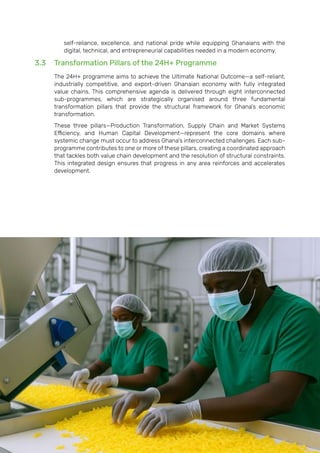 Page | 62
self-reliance, excellence, and national pride while equipping Ghanaians with the
digital, technical, and entrepreneurial capabilities needed in a modern economy.
3.3 Transformation Pillars of the 24H+ Programme
The 24H+ programme aims to achieve the Ultimate National Outcome—a self-reliant,
industrially competitive, and export-driven Ghanaian economy with fully integrated
value chains. This comprehensive agenda is delivered through eight interconnected
sub-programmes, which are strategically organised around three fundamental
transformation pillars that provide the structural framework for Ghana's economic
transformation.
These three pillars—Production Transformation, Supply Chain and Market Systems
Efficiency, and Human Capital Development—represent the core domains where
systemic change must occur to address Ghana's interconnected challenges. Each sub-
programme contributes to one or more of these pillars, creating a coordinated approach
that tackles both value chain development and the resolution of structural constraints.
This integrated design ensures that progress in any area reinforces and accelerates
development.
 